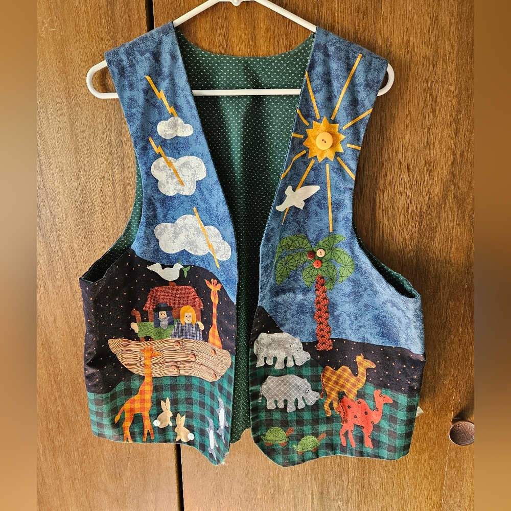 Vintage 90s Colorful Noahs Ark Vest Handmade Cotton | Womens XL Button Details